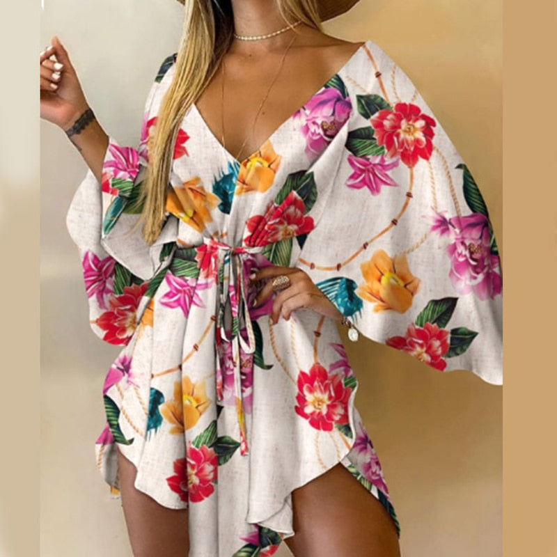 Summer Elegant Sexy V Neck Lace-up Floral Printed Mini Dress
