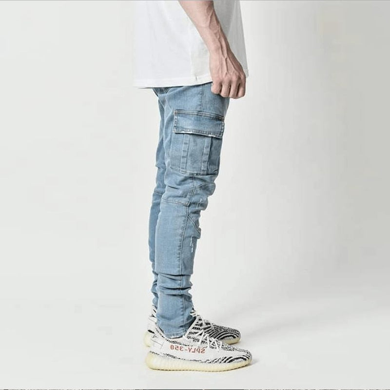 Multi Pockets Denim Mid Waist Cargo Jeans
