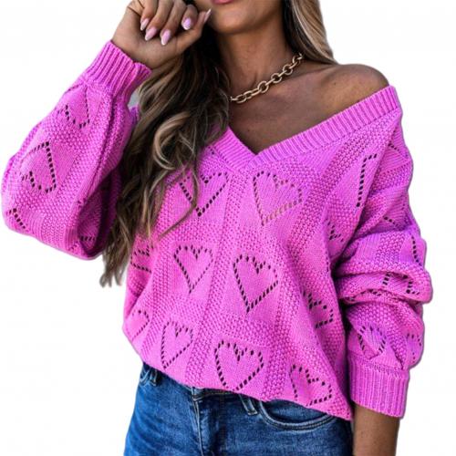 Heart Hollow Crochet Sweater Loose V Neck Long Sleeve Casual Knitwear