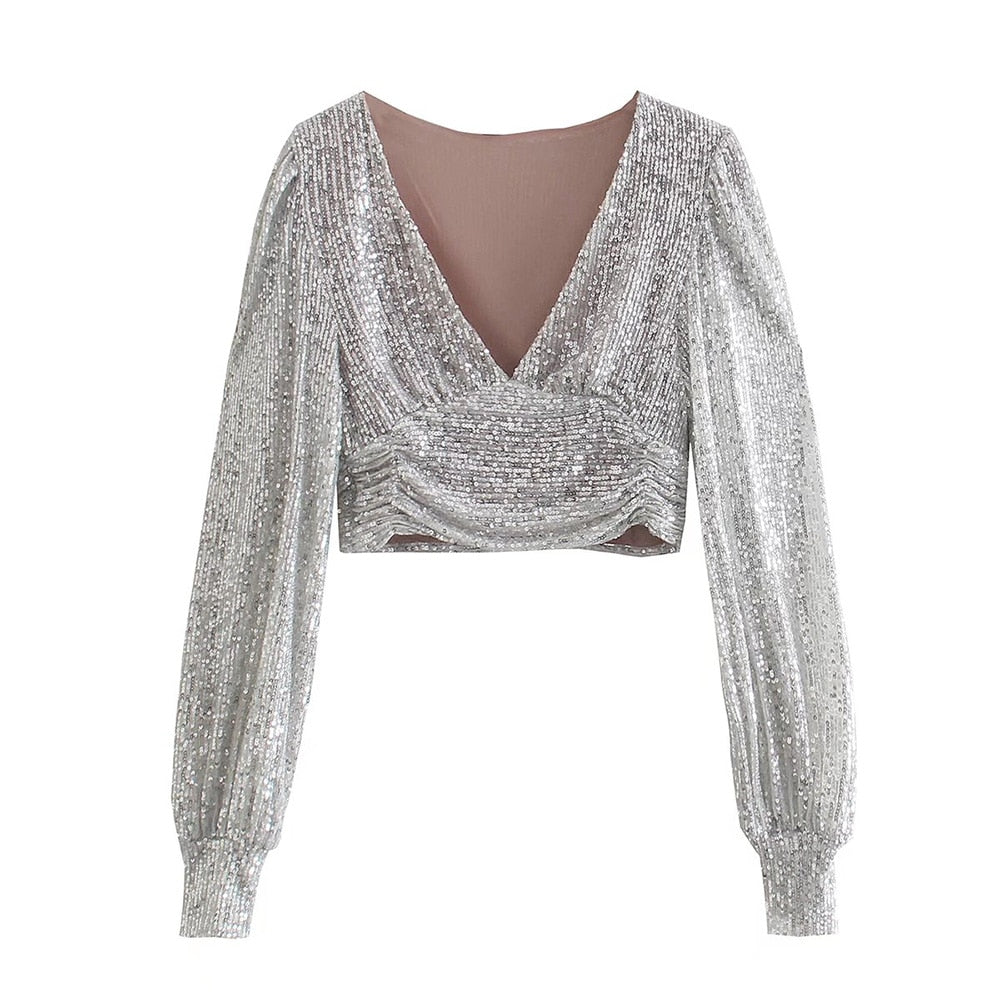 Chic Sequined Crop Top Long Sleeve in Silver