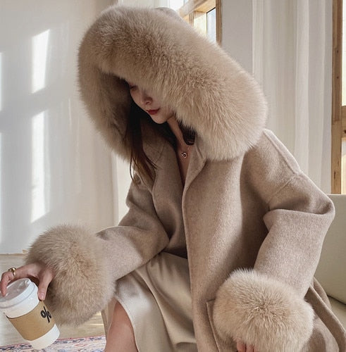 Cashmere Woolen Natural Fox Fur Coat