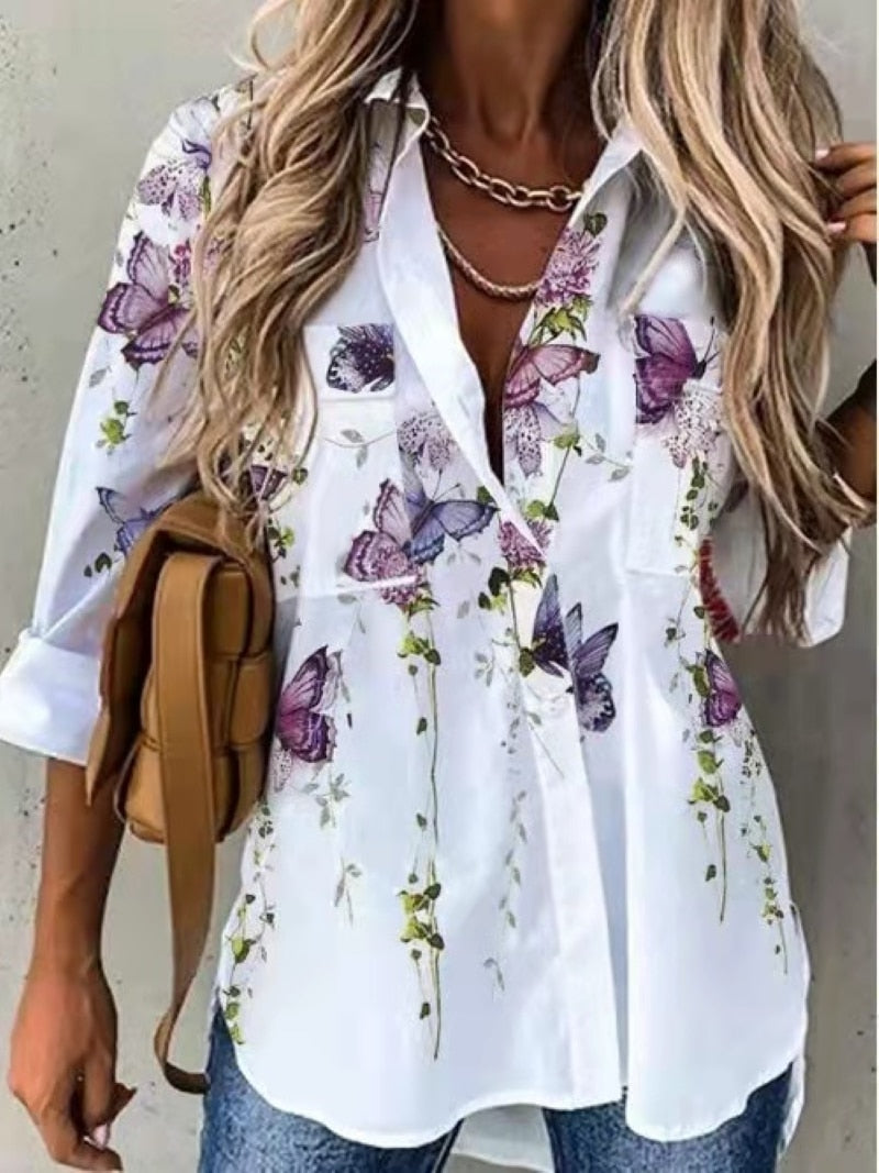 Graphic Button-up Loose Top Multi-Color