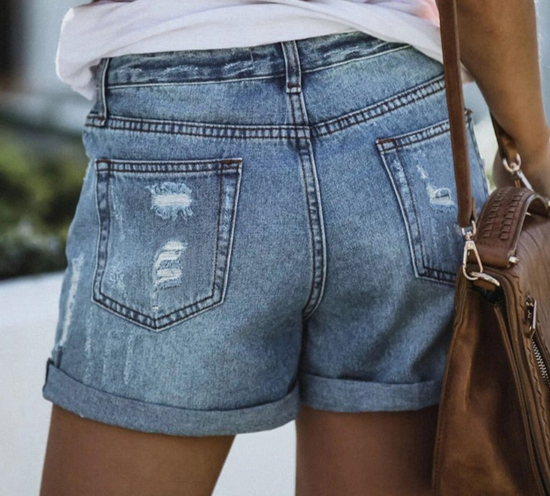Casual Fashion Loose Hole Jeans Shorts With Pockets