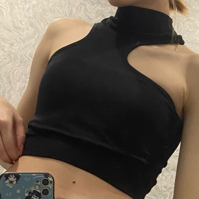 Knitted Sexy Halter Neck Fixed Cup Wireless Solid Crop Top