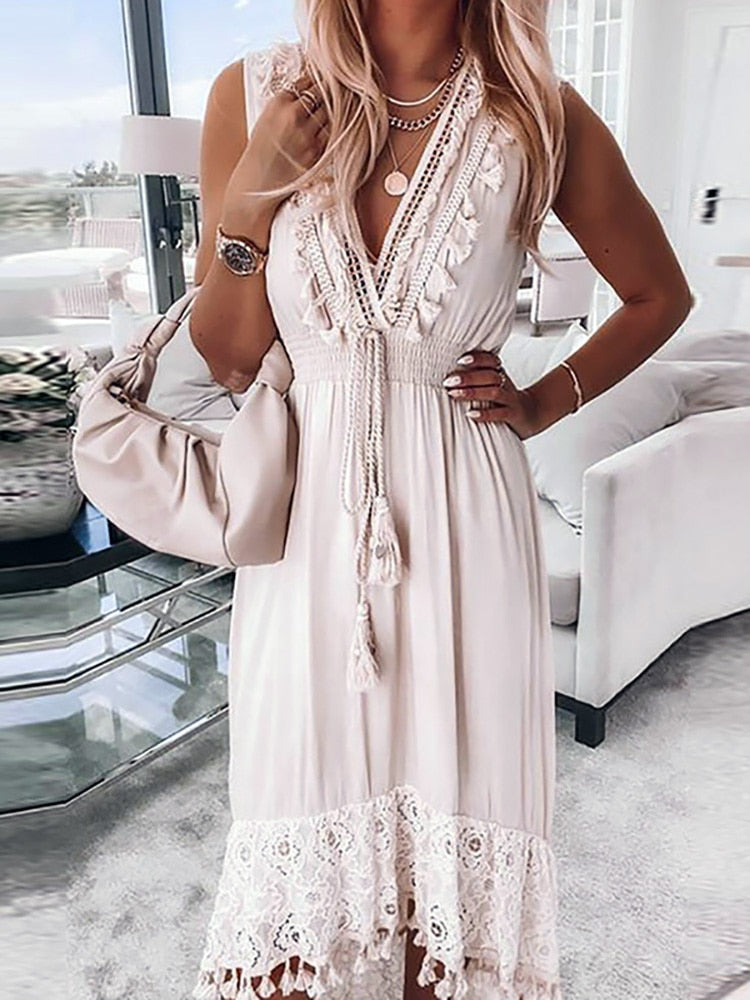 Summer Casual V-Neck Lace Patchwork Dress