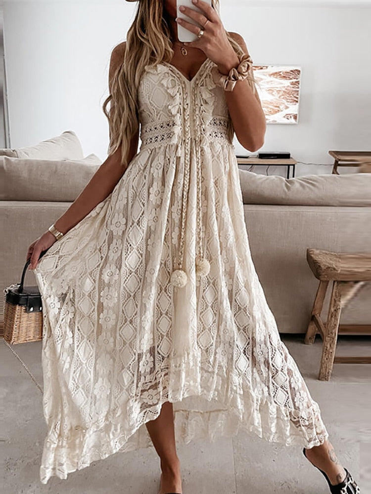 Summer Casual V-Neck Lace Patchwork Dress