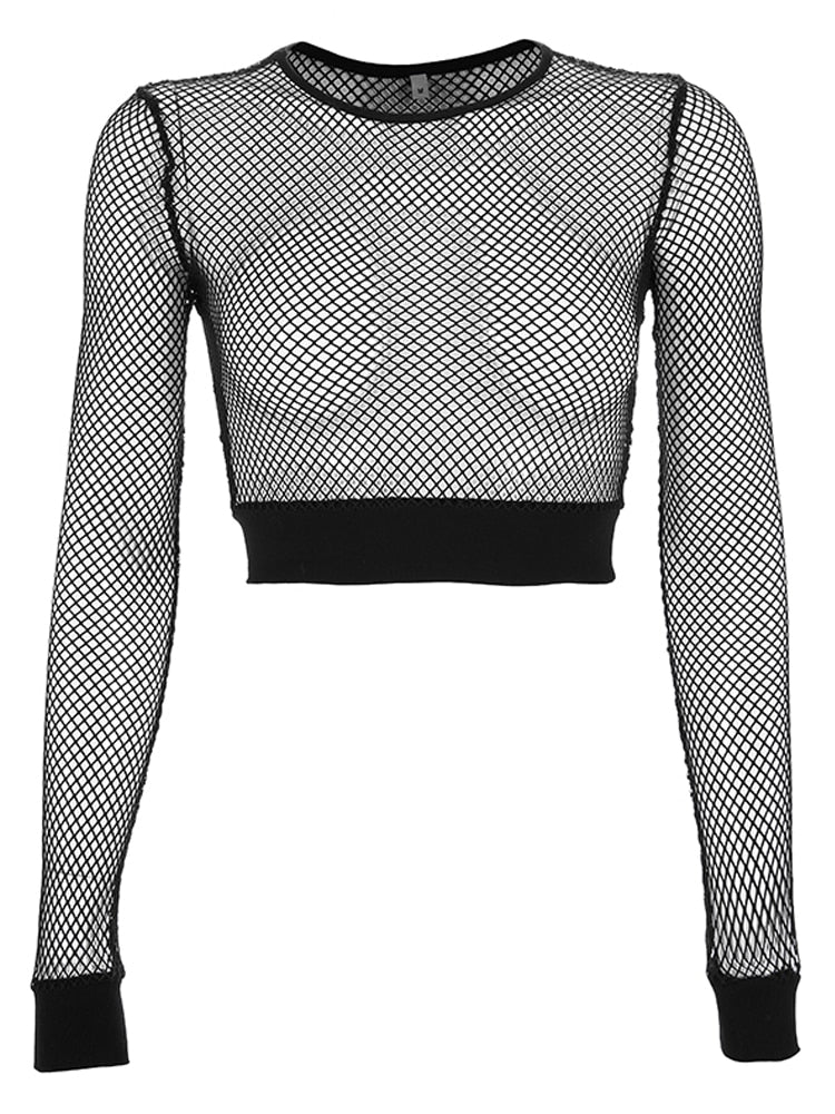 Sexy Mesh Crop Tops Tee Femme Hollow Out Black