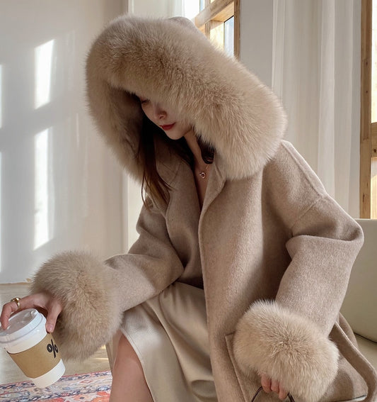 Cashmere Woolen Natural Fox Fur Coat