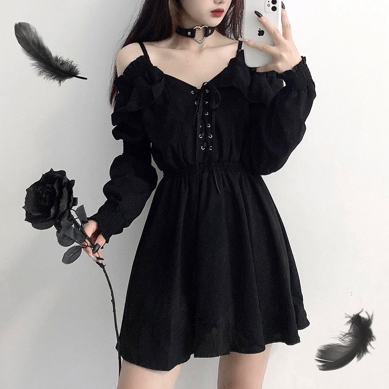 Lace Up Sexy High Waist Long Sleeve Gothic Dress M - 4XL